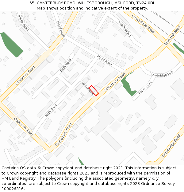 55, CANTERBURY ROAD, WILLESBOROUGH, ASHFORD, TN24 0BL: Location map and indicative extent of plot