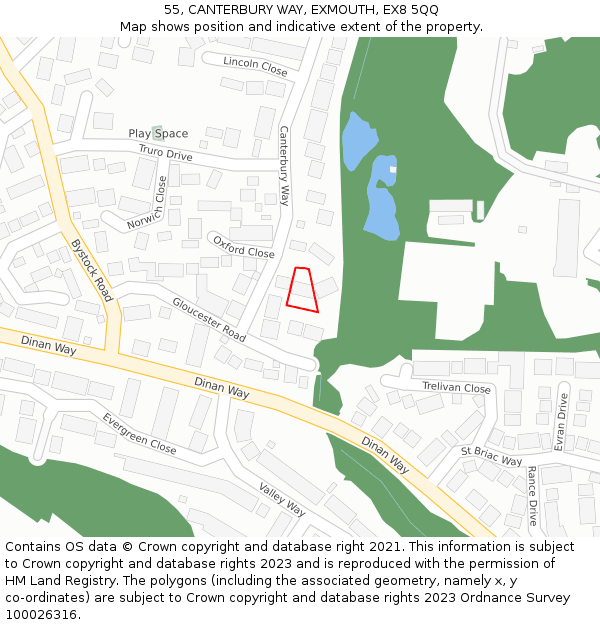 55, CANTERBURY WAY, EXMOUTH, EX8 5QQ: Location map and indicative extent of plot