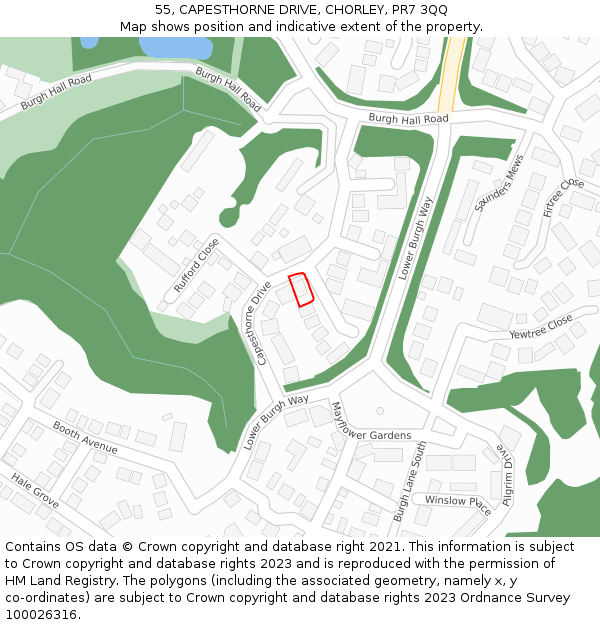 55, CAPESTHORNE DRIVE, CHORLEY, PR7 3QQ: Location map and indicative extent of plot