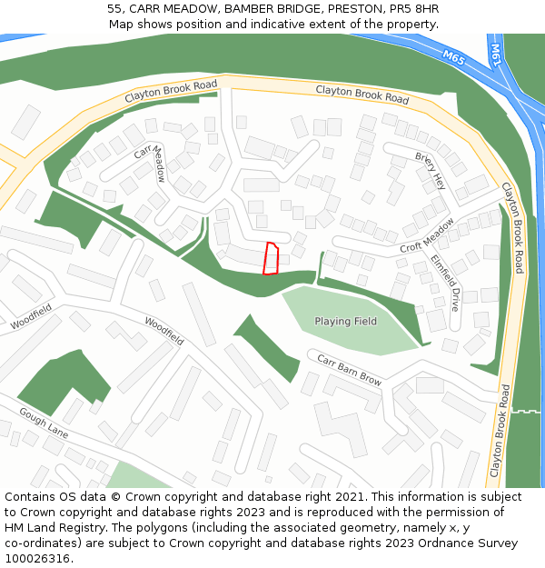 55, CARR MEADOW, BAMBER BRIDGE, PRESTON, PR5 8HR: Location map and indicative extent of plot