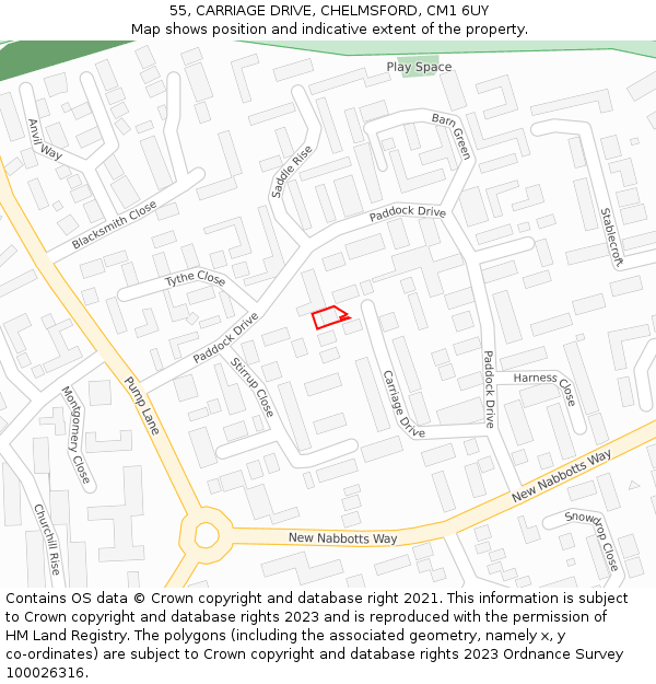 55, CARRIAGE DRIVE, CHELMSFORD, CM1 6UY: Location map and indicative extent of plot