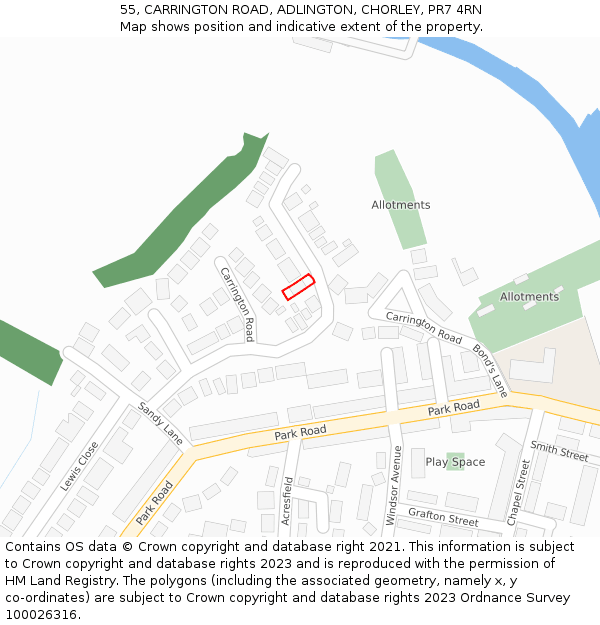 55, CARRINGTON ROAD, ADLINGTON, CHORLEY, PR7 4RN: Location map and indicative extent of plot