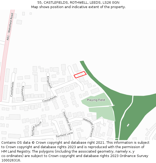55, CASTLEFIELDS, ROTHWELL, LEEDS, LS26 0GN: Location map and indicative extent of plot