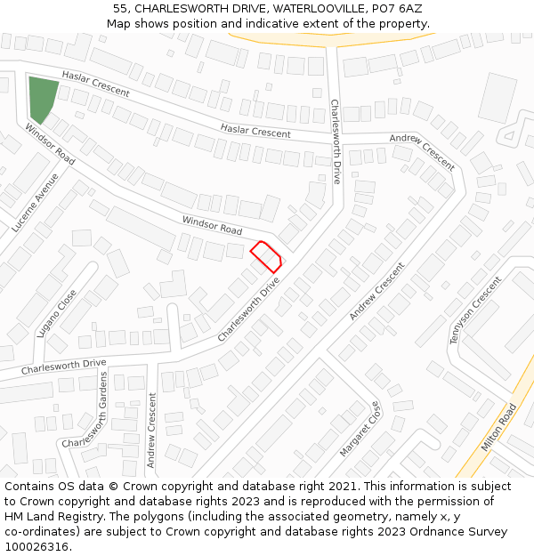 55, CHARLESWORTH DRIVE, WATERLOOVILLE, PO7 6AZ: Location map and indicative extent of plot