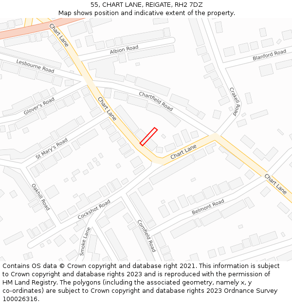 55, CHART LANE, REIGATE, RH2 7DZ: Location map and indicative extent of plot