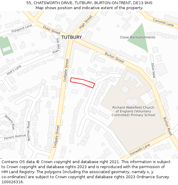 55, CHATSWORTH DRIVE, TUTBURY, BURTON-ON-TRENT, DE13 9NS: Location map and indicative extent of plot