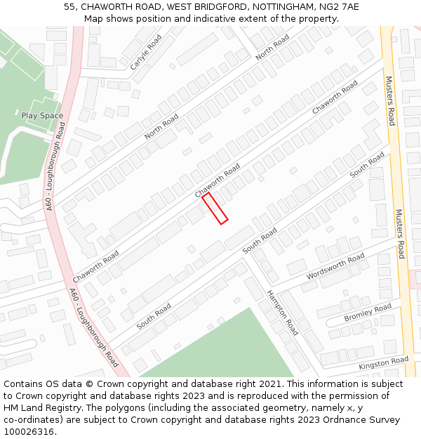 55, CHAWORTH ROAD, WEST BRIDGFORD, NOTTINGHAM, NG2 7AE: Location map and indicative extent of plot