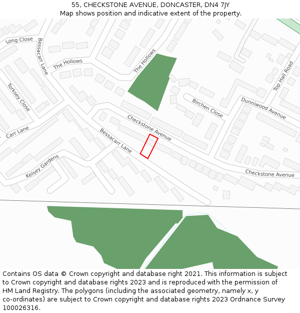 55, CHECKSTONE AVENUE, DONCASTER, DN4 7JY: Location map and indicative extent of plot