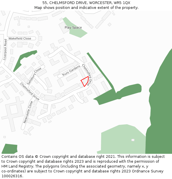 55, CHELMSFORD DRIVE, WORCESTER, WR5 1QX: Location map and indicative extent of plot