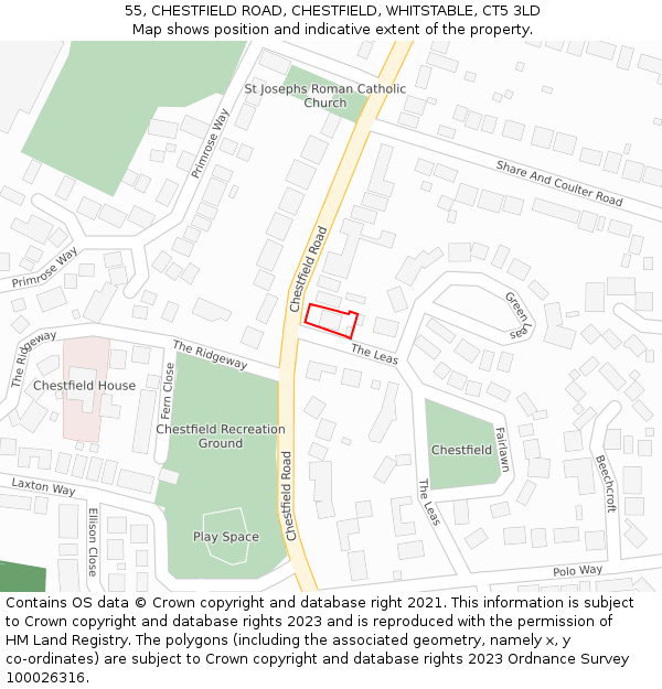 55, CHESTFIELD ROAD, CHESTFIELD, WHITSTABLE, CT5 3LD: Location map and indicative extent of plot