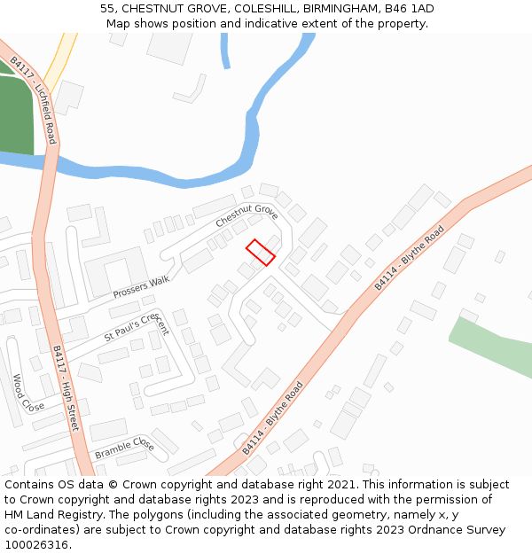 55, CHESTNUT GROVE, COLESHILL, BIRMINGHAM, B46 1AD: Location map and indicative extent of plot