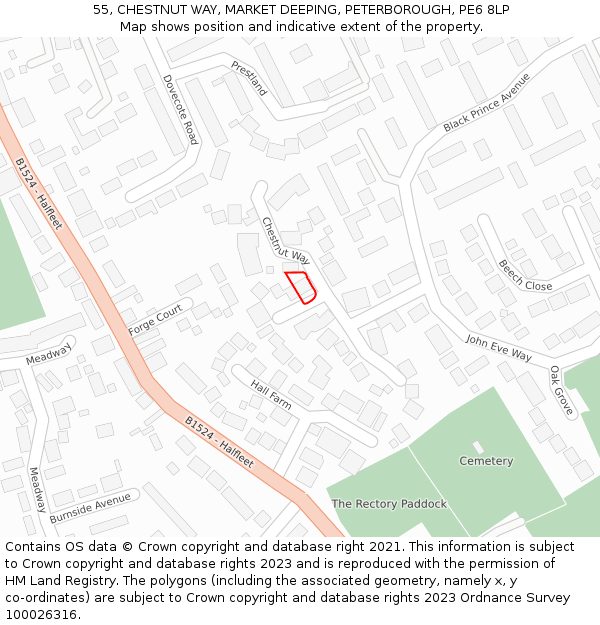 55, CHESTNUT WAY, MARKET DEEPING, PETERBOROUGH, PE6 8LP: Location map and indicative extent of plot