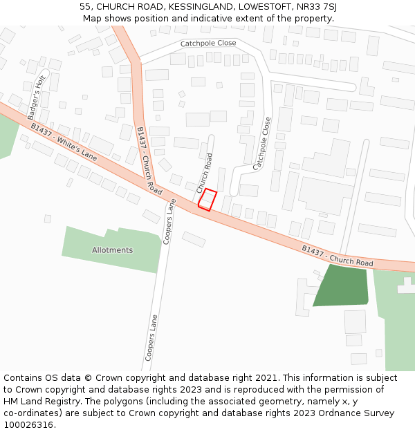 55, CHURCH ROAD, KESSINGLAND, LOWESTOFT, NR33 7SJ: Location map and indicative extent of plot