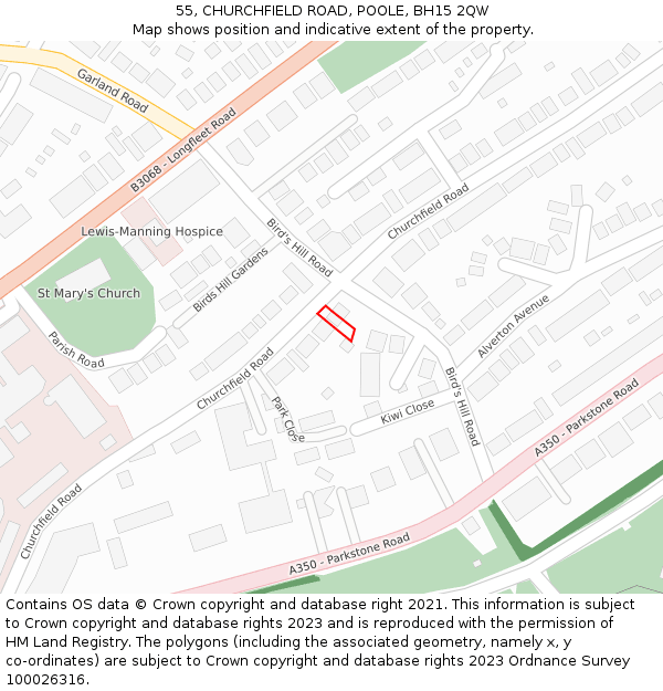 55, CHURCHFIELD ROAD, POOLE, BH15 2QW: Location map and indicative extent of plot