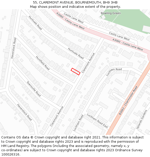 55, CLAREMONT AVENUE, BOURNEMOUTH, BH9 3HB: Location map and indicative extent of plot