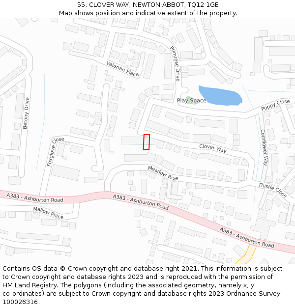 55, CLOVER WAY, NEWTON ABBOT, TQ12 1GE: Location map and indicative extent of plot