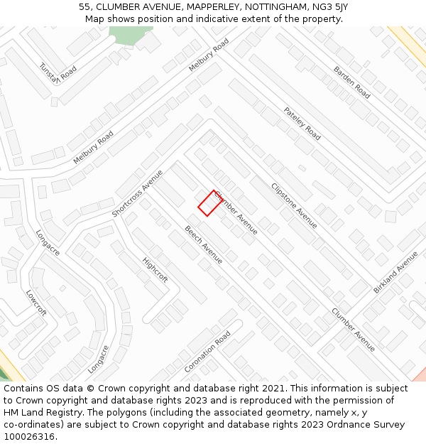 55, CLUMBER AVENUE, MAPPERLEY, NOTTINGHAM, NG3 5JY: Location map and indicative extent of plot