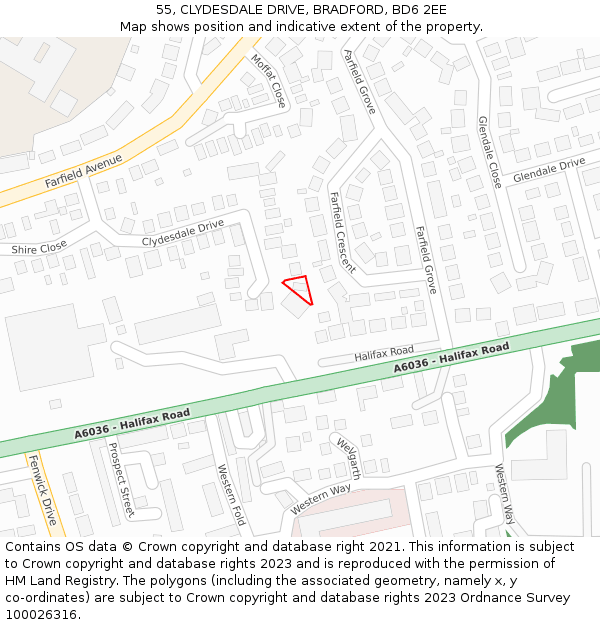 55, CLYDESDALE DRIVE, BRADFORD, BD6 2EE: Location map and indicative extent of plot
