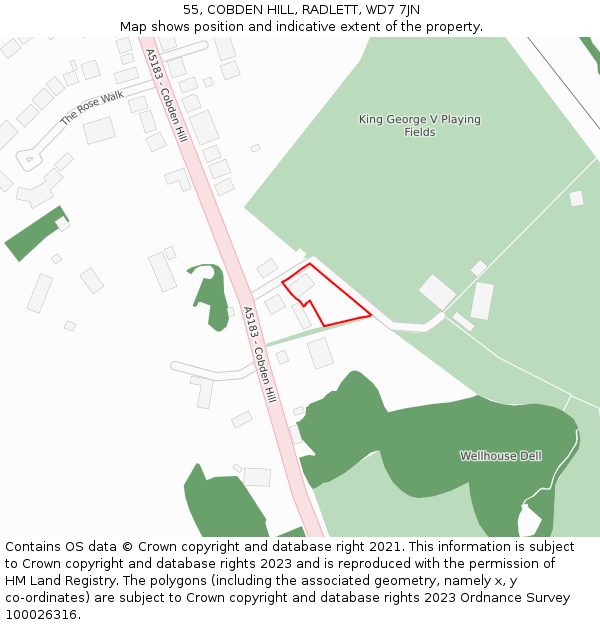 55, COBDEN HILL, RADLETT, WD7 7JN: Location map and indicative extent of plot