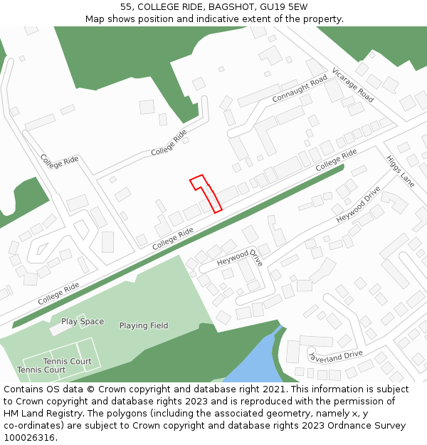 55, COLLEGE RIDE, BAGSHOT, GU19 5EW: Location map and indicative extent of plot