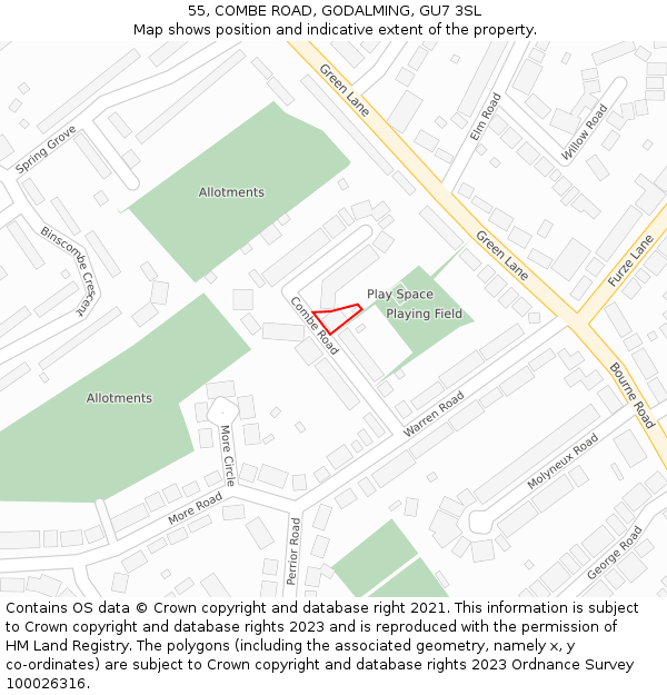 55, COMBE ROAD, GODALMING, GU7 3SL: Location map and indicative extent of plot