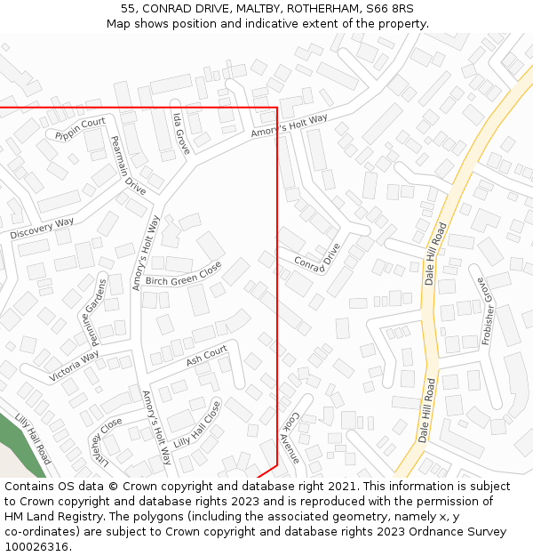 55, CONRAD DRIVE, MALTBY, ROTHERHAM, S66 8RS: Location map and indicative extent of plot