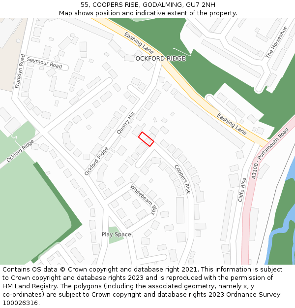 55, COOPERS RISE, GODALMING, GU7 2NH: Location map and indicative extent of plot
