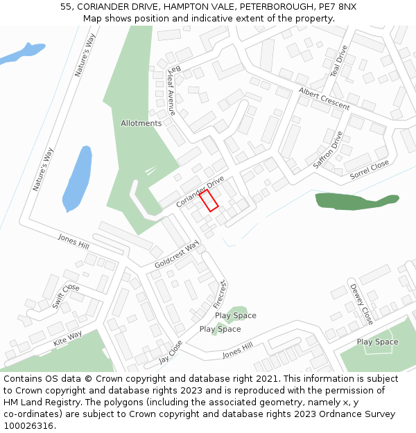 55, CORIANDER DRIVE, HAMPTON VALE, PETERBOROUGH, PE7 8NX: Location map and indicative extent of plot