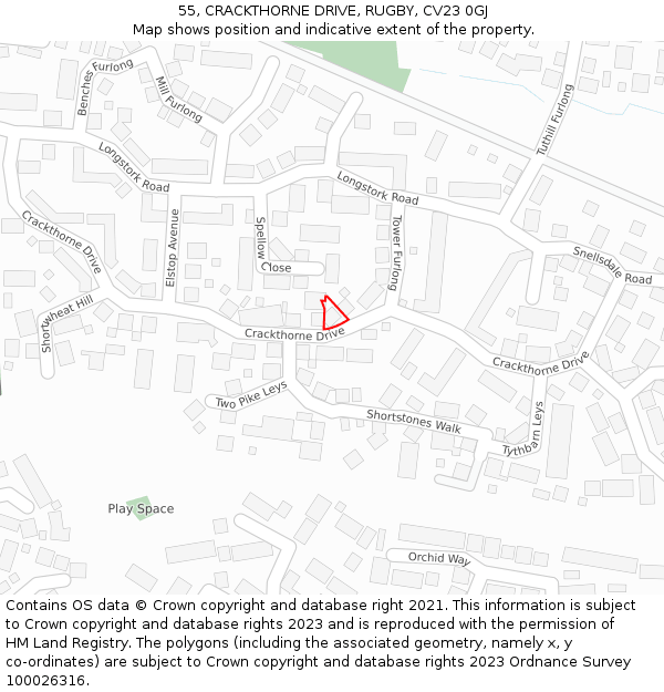 55, CRACKTHORNE DRIVE, RUGBY, CV23 0GJ: Location map and indicative extent of plot