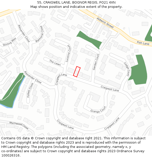 55, CRAIGWEIL LANE, BOGNOR REGIS, PO21 4XN: Location map and indicative extent of plot