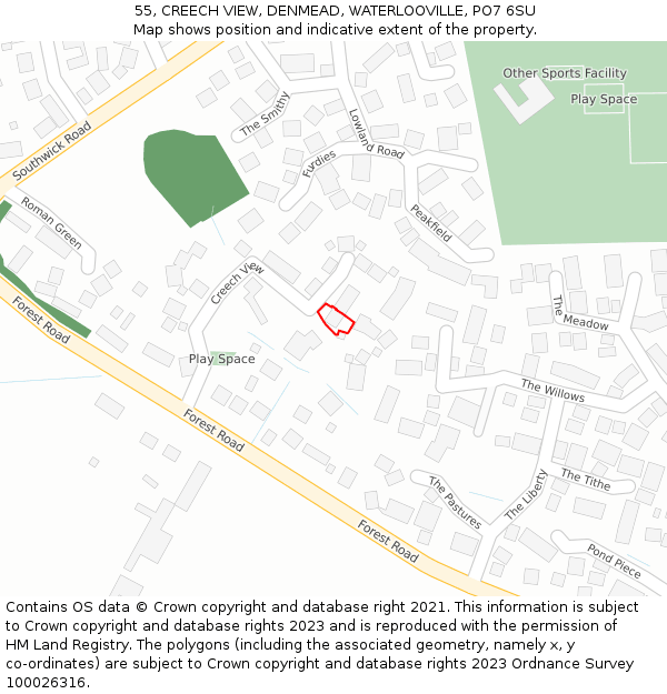 55, CREECH VIEW, DENMEAD, WATERLOOVILLE, PO7 6SU: Location map and indicative extent of plot