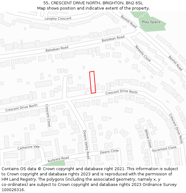 55, CRESCENT DRIVE NORTH, BRIGHTON, BN2 6SL: Location map and indicative extent of plot