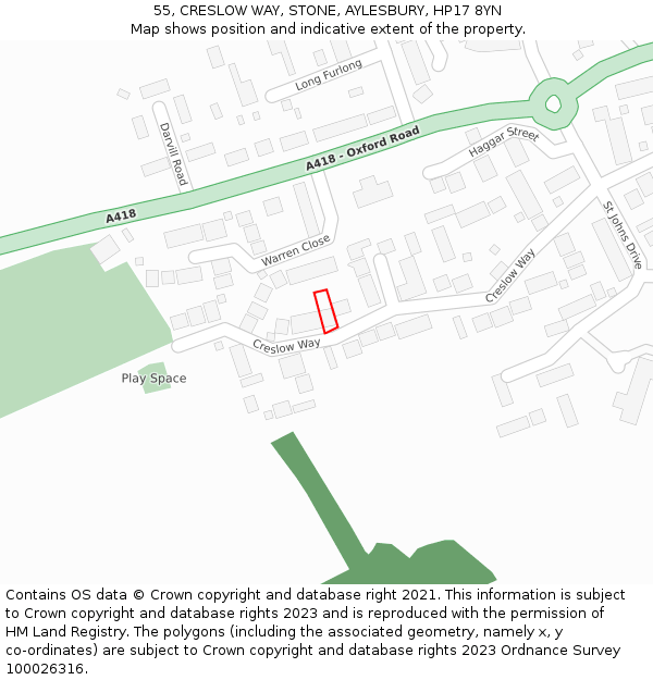 55, CRESLOW WAY, STONE, AYLESBURY, HP17 8YN: Location map and indicative extent of plot