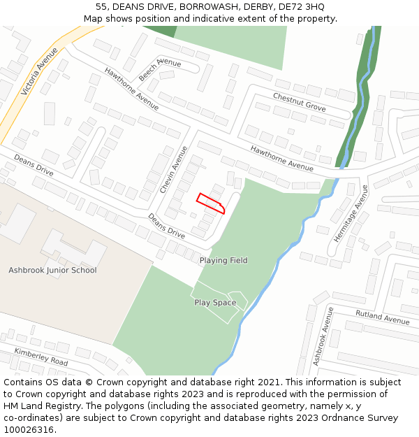 55, DEANS DRIVE, BORROWASH, DERBY, DE72 3HQ: Location map and indicative extent of plot