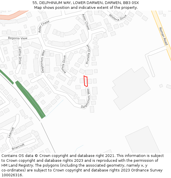 55, DELPHINIUM WAY, LOWER DARWEN, DARWEN, BB3 0SX: Location map and indicative extent of plot