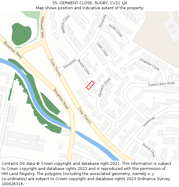55, DERWENT CLOSE, RUGBY, CV21 1JX: Location map and indicative extent of plot