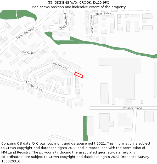 55, DICKENS WAY, CROOK, DL15 9FQ: Location map and indicative extent of plot