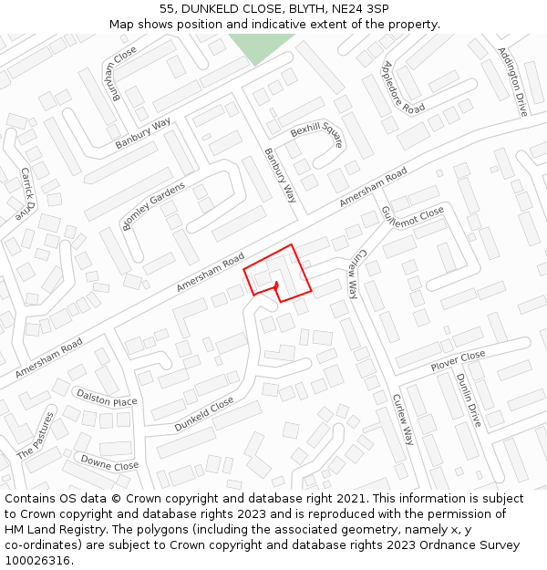 55, DUNKELD CLOSE, BLYTH, NE24 3SP: Location map and indicative extent of plot