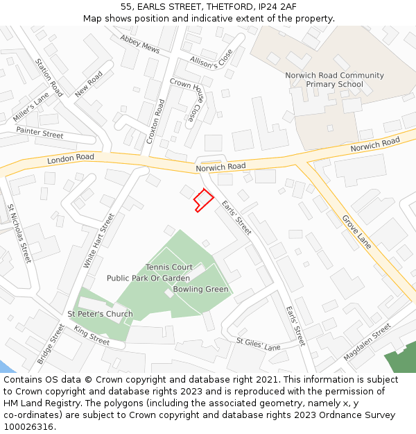 55, EARLS STREET, THETFORD, IP24 2AF: Location map and indicative extent of plot