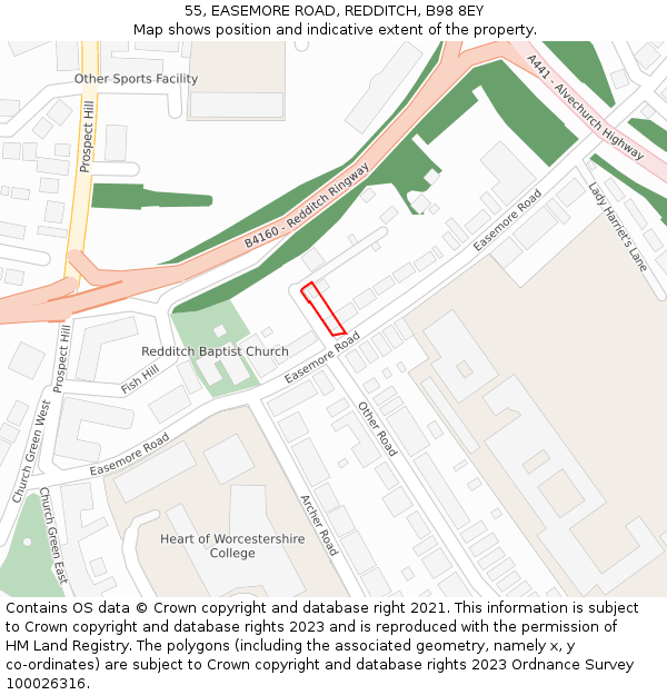 55, EASEMORE ROAD, REDDITCH, B98 8EY: Location map and indicative extent of plot