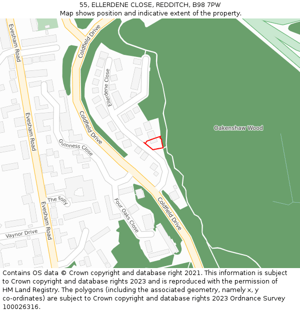 55, ELLERDENE CLOSE, REDDITCH, B98 7PW: Location map and indicative extent of plot