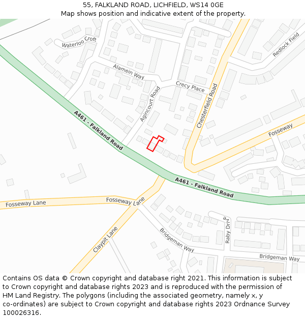 55, FALKLAND ROAD, LICHFIELD, WS14 0GE: Location map and indicative extent of plot