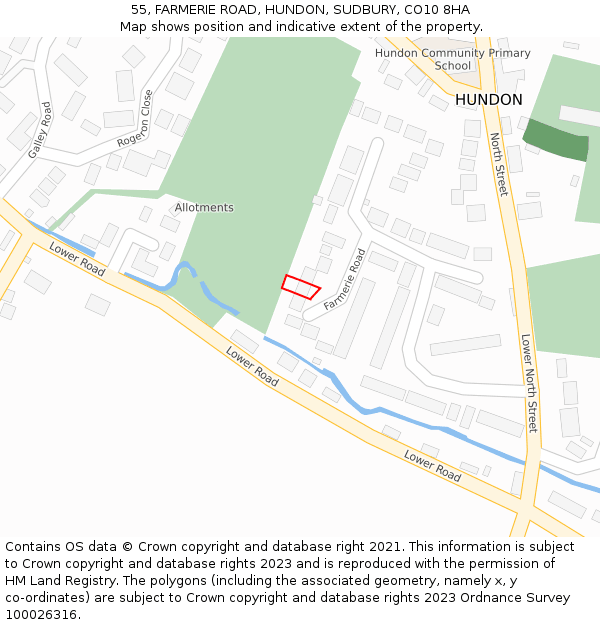 55, FARMERIE ROAD, HUNDON, SUDBURY, CO10 8HA: Location map and indicative extent of plot