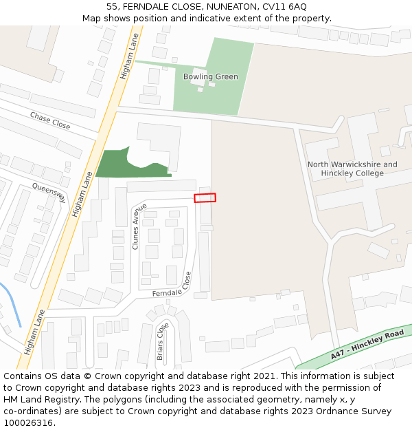 55, FERNDALE CLOSE, NUNEATON, CV11 6AQ: Location map and indicative extent of plot