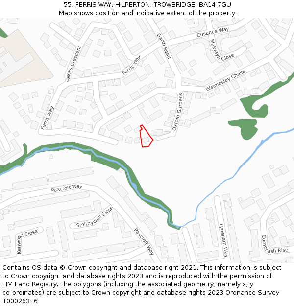 55, FERRIS WAY, HILPERTON, TROWBRIDGE, BA14 7GU: Location map and indicative extent of plot