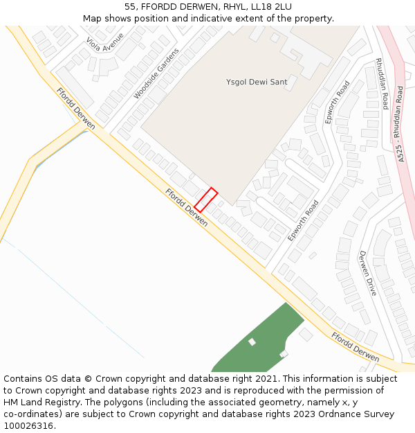 55, FFORDD DERWEN, RHYL, LL18 2LU: Location map and indicative extent of plot