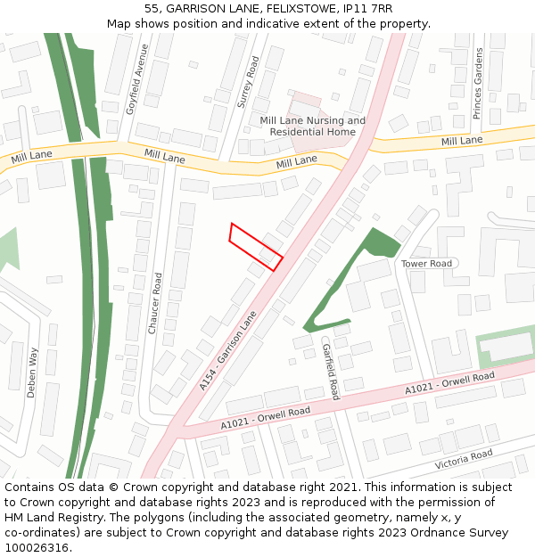 55, GARRISON LANE, FELIXSTOWE, IP11 7RR: Location map and indicative extent of plot