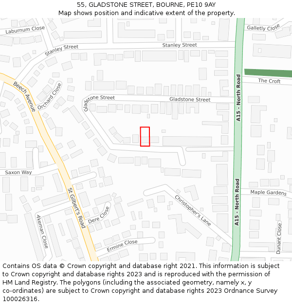 55, GLADSTONE STREET, BOURNE, PE10 9AY: Location map and indicative extent of plot