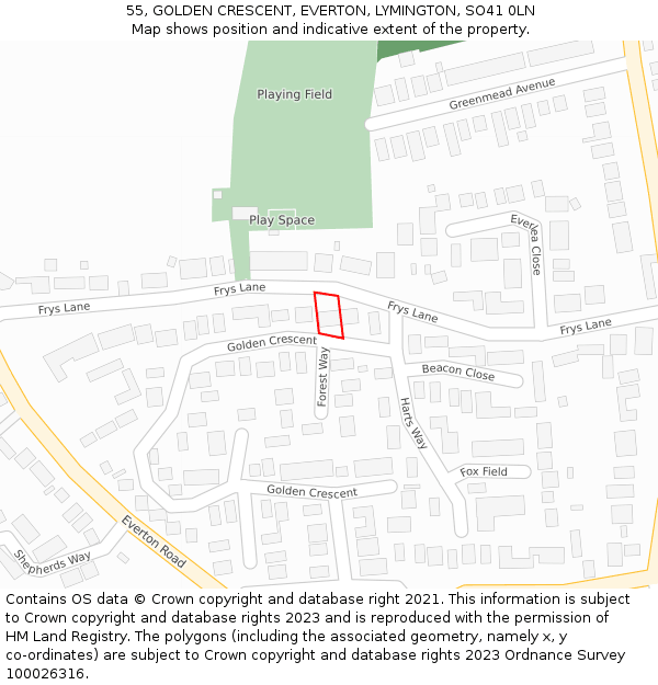 55, GOLDEN CRESCENT, EVERTON, LYMINGTON, SO41 0LN: Location map and indicative extent of plot