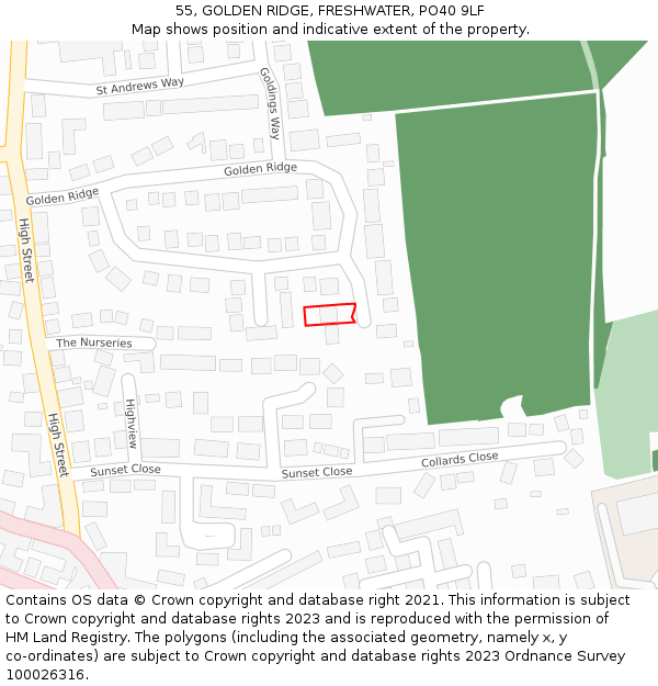 55, GOLDEN RIDGE, FRESHWATER, PO40 9LF: Location map and indicative extent of plot